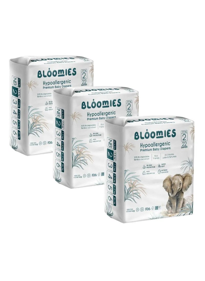 Bloomies Premium Tape Style Baby Diapers, 66 Pieces, Size 2, 3 to 8kg - Hypoallergenic, 3D Leak Protection, Wetness Indicator, Super Soft