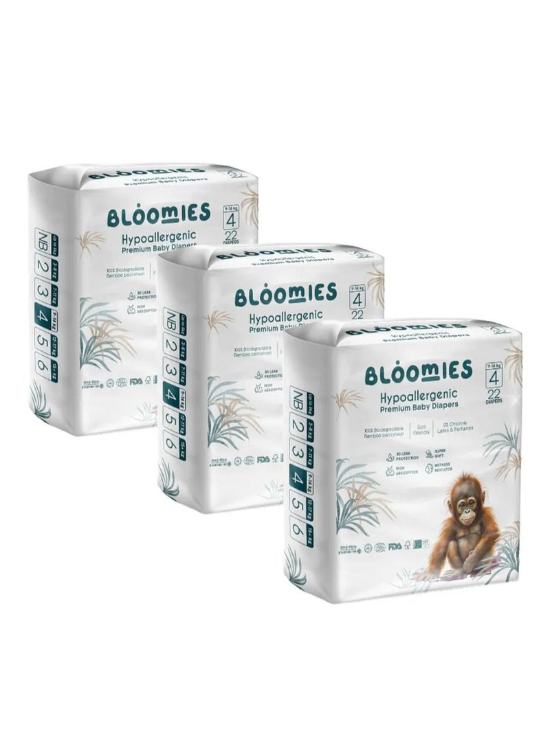 Bloomies Premium Tape Style Baby Diapers, Hypoallergenic, 3D Leak Protection, Wetness Indicator, Super Soft, Size 4, 9 to 14kg - 66 Pieces