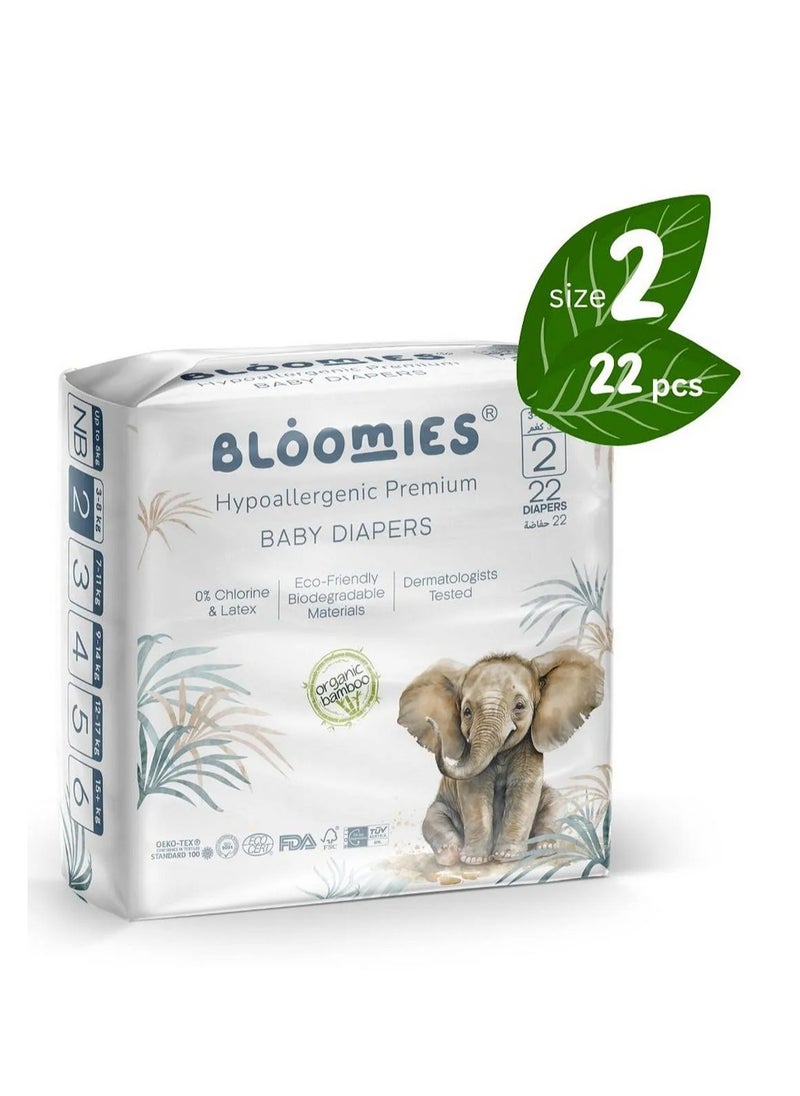 Bloomies Organic Bamboo Premium Tape Style Baby Diapers, Hypoallergenic, 3D Leak Protection, Wetness Indicator, Super Soft, Size 2 - 22 Pieces