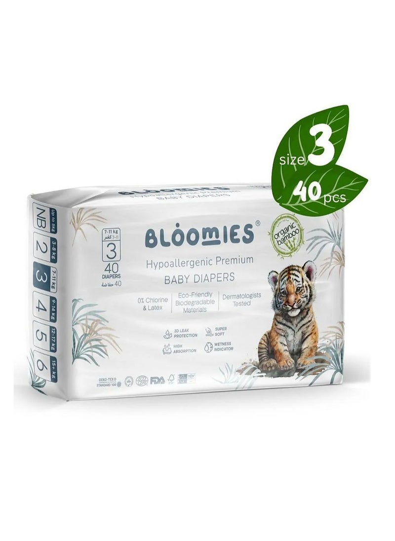 Bloomies Organic Bamboo Premium Tape Style Baby Diapers, 40 Pieces, Size 3, Hypoallergenic, 3D Leak Protection, Wetness Indicator, Super Soft