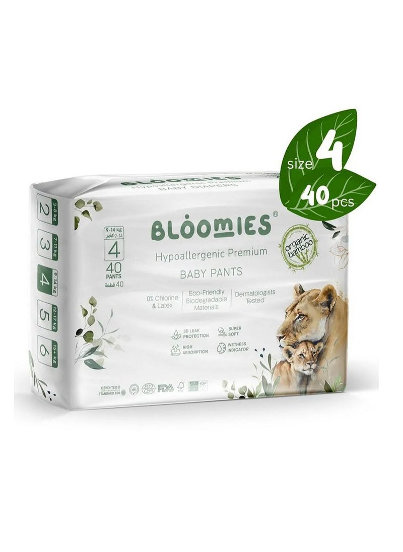 Bloomies Organic Bamboo Premium Pant Style Baby Diapers, 40 Pieces, Size 4, Hypoallergenic, 3D Leak Protection, Wetness Indicator, Super Soft