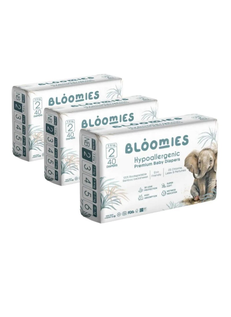 Bloomies Premium Tape Style Baby Diapers, 120 Pieces, Size 2, 3 to 8kg - Hypoallergenic, 3D Leak Protection, Wetness Indicator, Super Soft