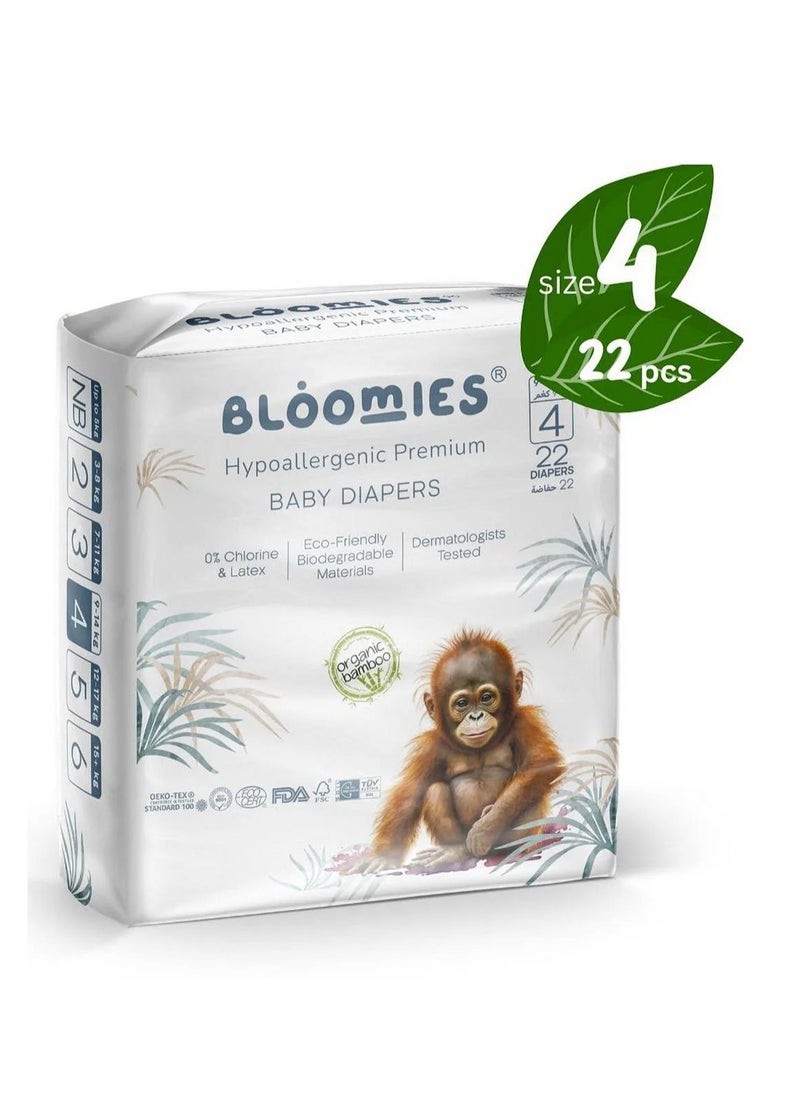 Bloomies Organic Bamboo Premium Tape Style Baby Diapers, Hypoallergenic, 3D Leak Protection, Wetness Indicator, Super Soft, Size 4 - 22 Pieces