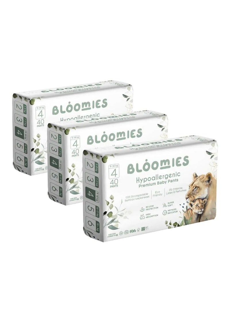 Bloomies Premium Pant Style Baby Diapers, Hypoallergenic, 3D Leak Protection, Wetness Indicator, Super Soft, Size 4, 9 to 14kg - 120 Pieces