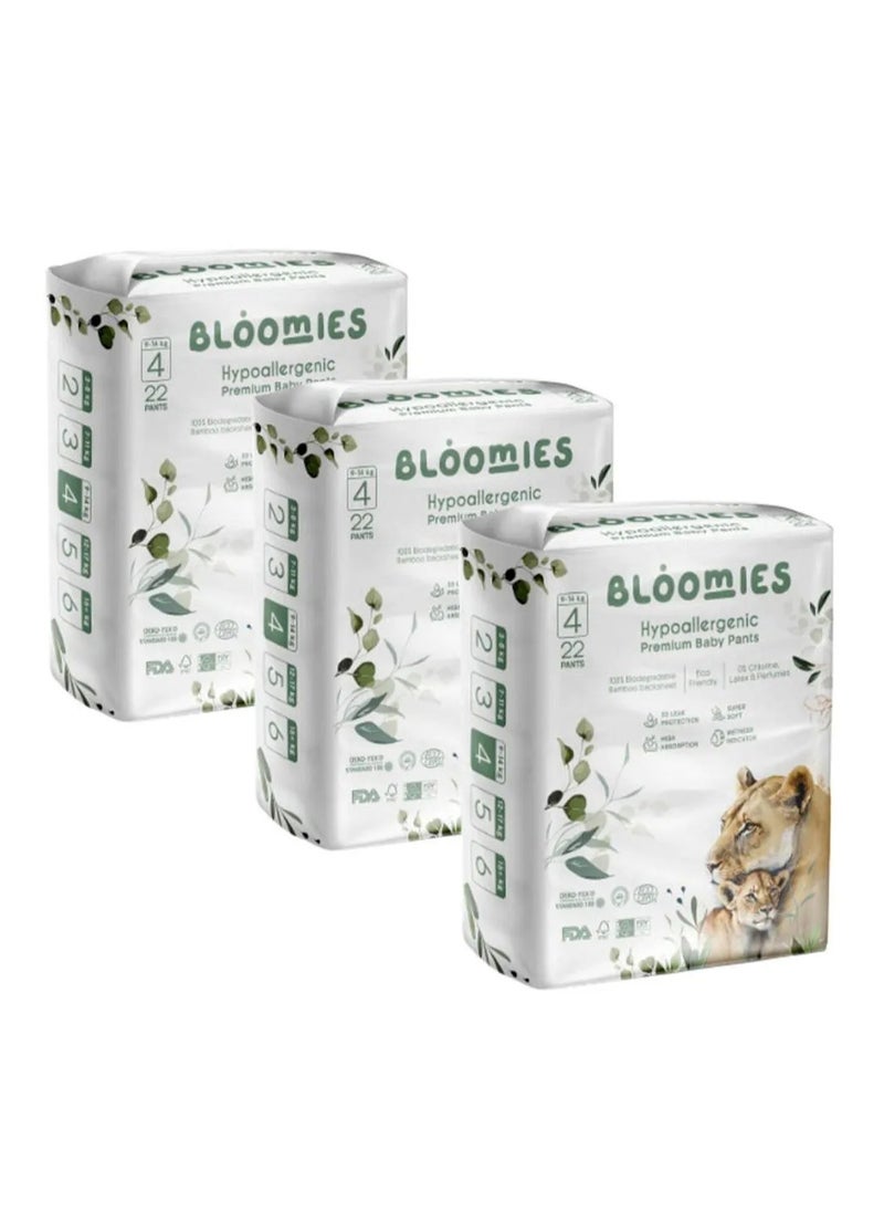 Bloomies Premium Pant Style Baby Diapers, Hypoallergenic, 3D Leak Protection, Wetness Indicator, Super Soft, Size 4, 9 to 14kg - 66 Pieces