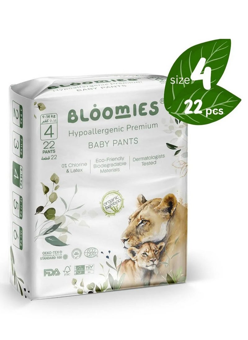 Bloomies Organic Bamboo Premium Pant Style Baby Diapers, Hypoallergenic, 3D Leak Protection, Wetness Indicator, Super Soft, Size 4 - 22 Pieces