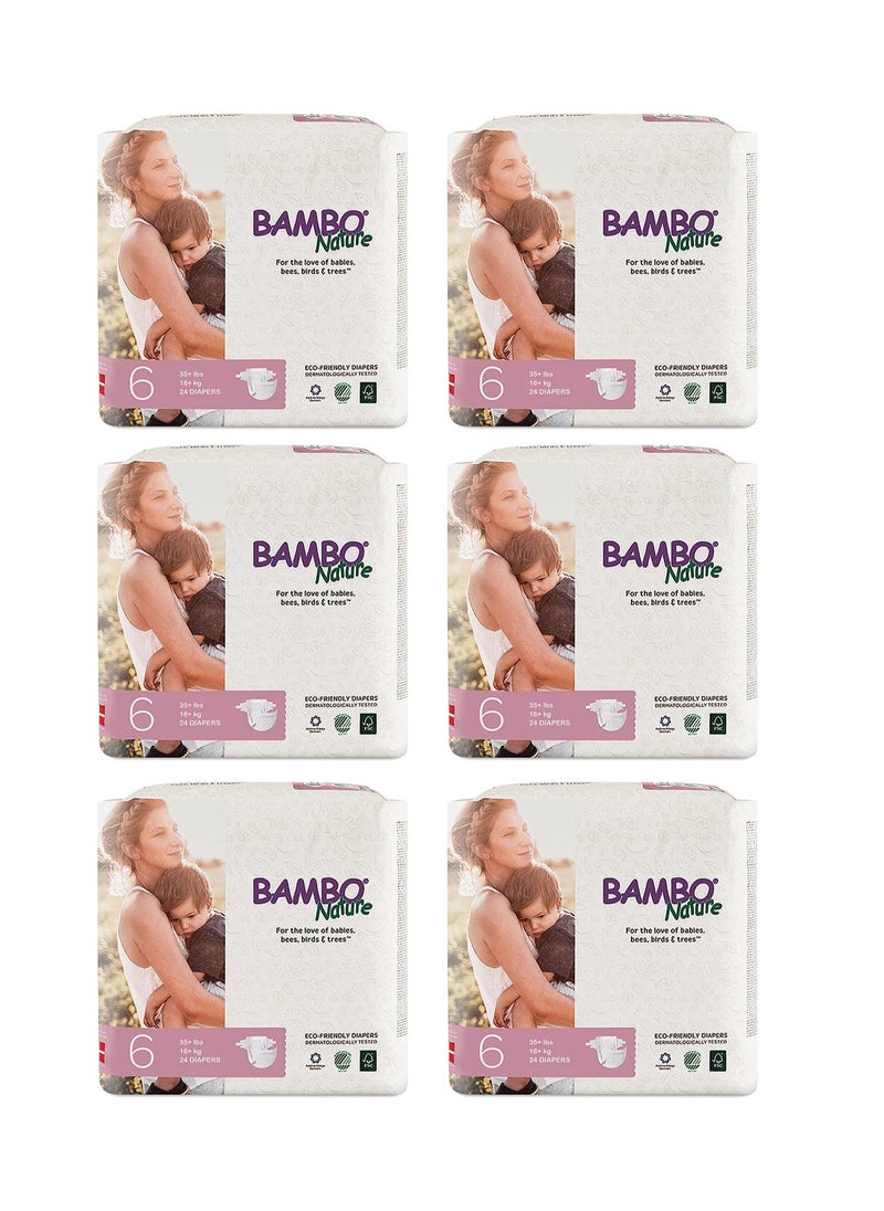 Bambo Nature Eco-Friendly Tape Style Diapers Size 6, 24 Pieces Pack of 6, Breathable and Comfortable for 16kg+ Sensitive Skin