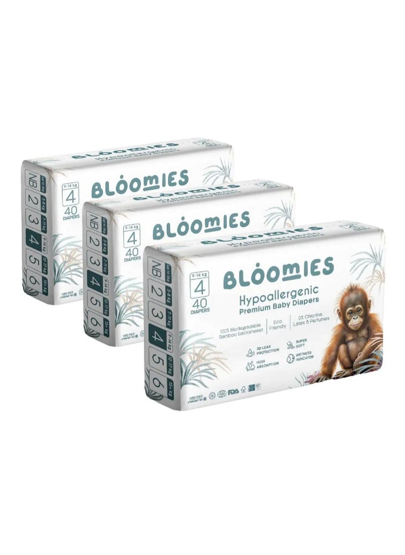 Bloomies Premium Tape Style Baby Diapers, Hypoallergenic, 3D Leak Protection, Wetness Indicator, Super Soft, Size 4, 9 to 14kg - 120 Pieces