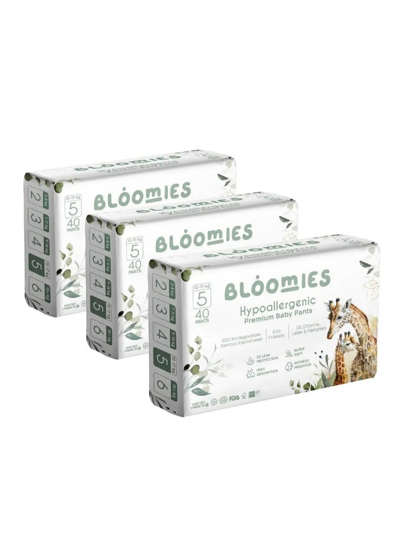 Bloomies Premium Pant Style Baby Diapers, Hypoallergenic, 3D Leak Protection, Wetness Indicator, Super Soft, Size 5, 12 to 17kg - 120 Pieces