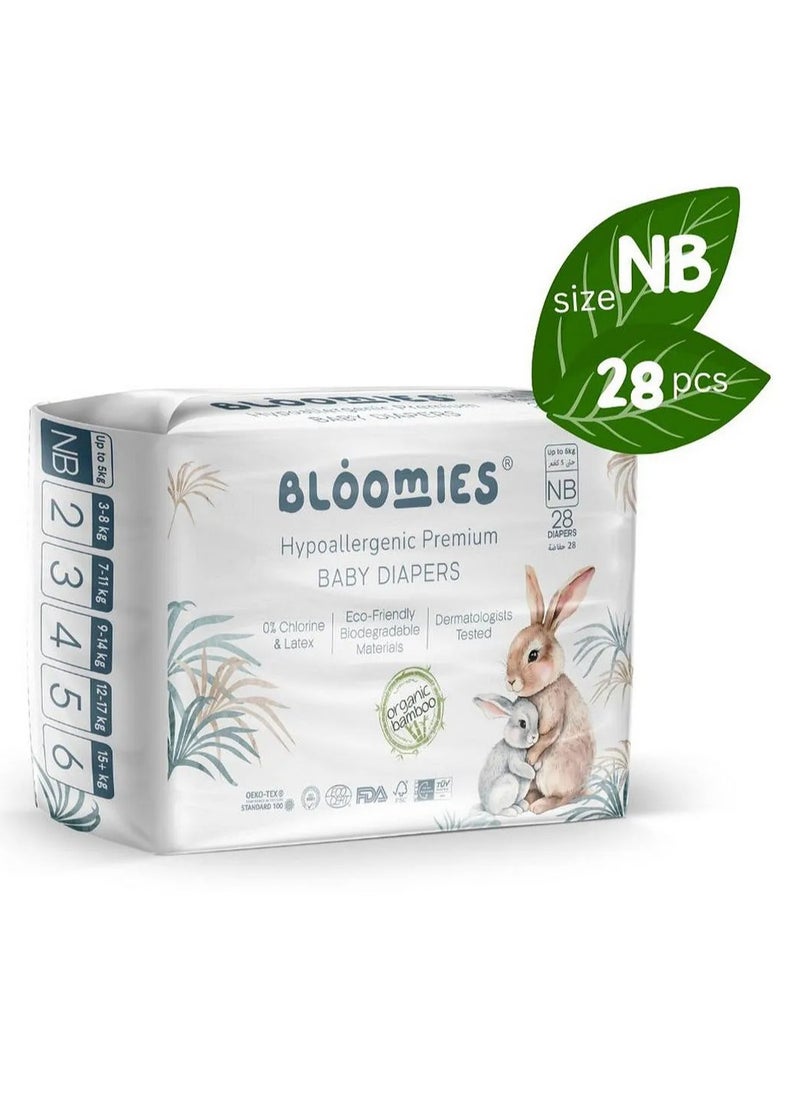 Bloomies Bamboo Hypoallergenic Premium Baby Tape Style Diapers, Biodegradable, Chlorine Free, Latex Free, Newborn - 28 Pieces