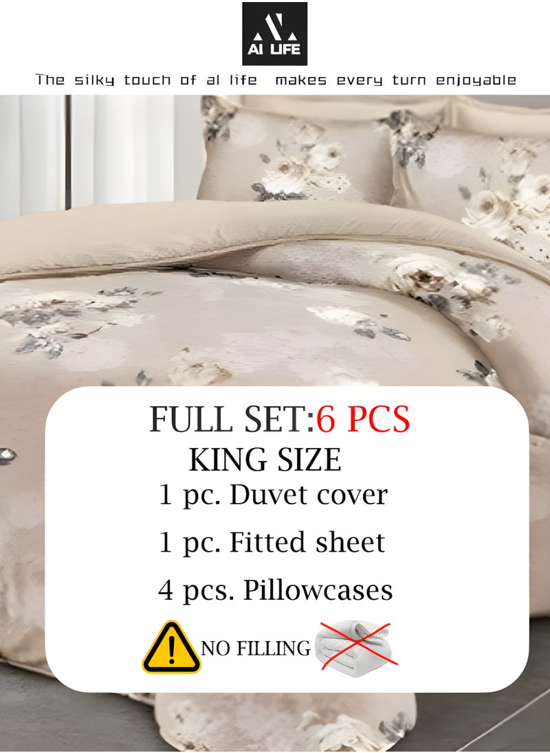 AI LIFE Luxurious King Size Bedsheet Set - 6 Piece High Quality Bedsheet Set 1 Duvet Cover with 1 Fitted Sheet and 4 Pillowcases - Soft and Breathable Microfiber Cotton for All Seasons