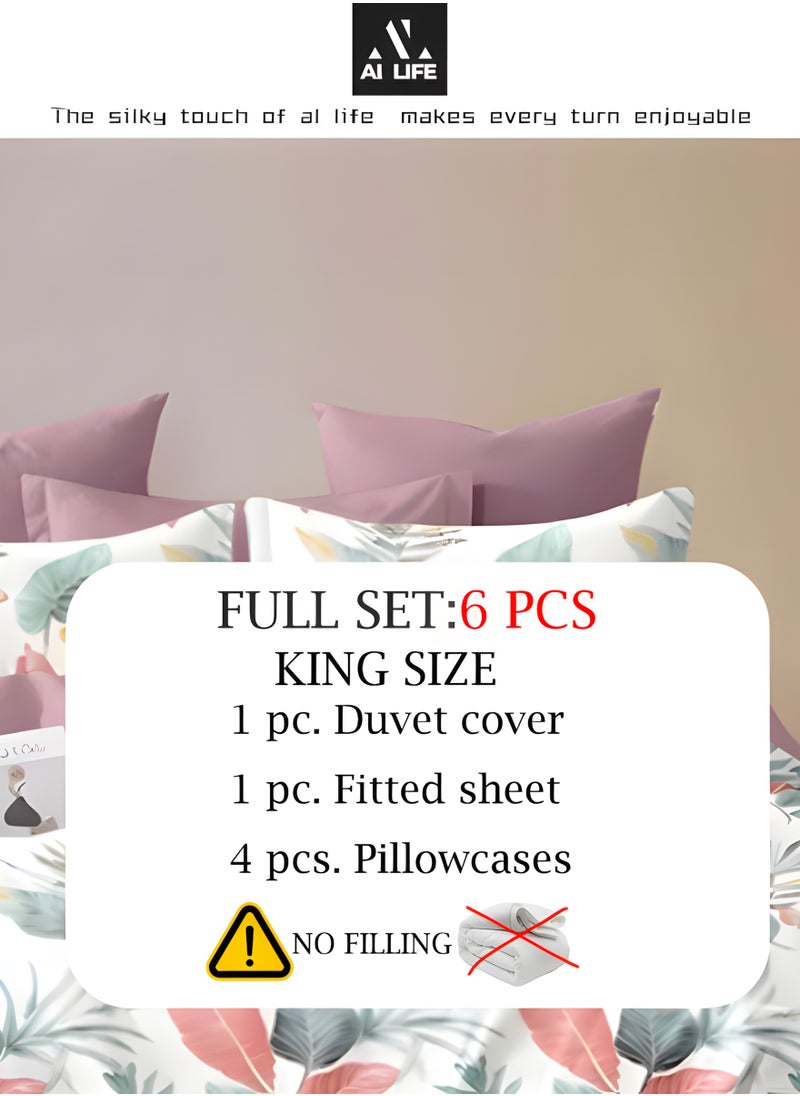 AI LIFE King Size Bedding Set Hotel Quality 6 Pcs Bedsheet Set with Fitted Sheet 200x200+30cm Duvet Cover 220x240cm & 4 Pillow Covers 50x75cm Modern Design Bedding Set