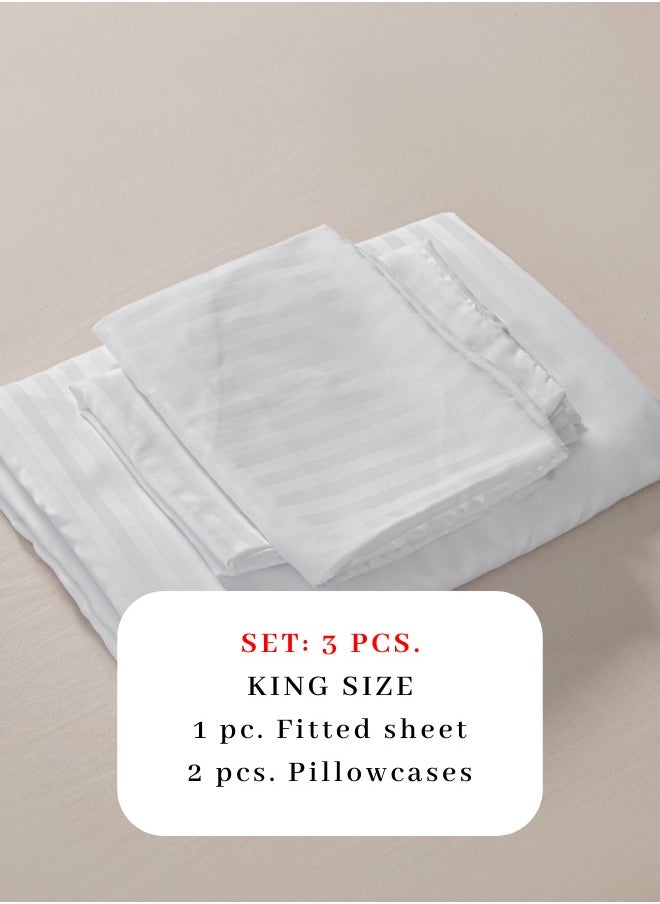 Fitted sheet with elastic corner 180*200+30cm with 2 pillow cases, bedsheet set 0f 3 piece king size, white.