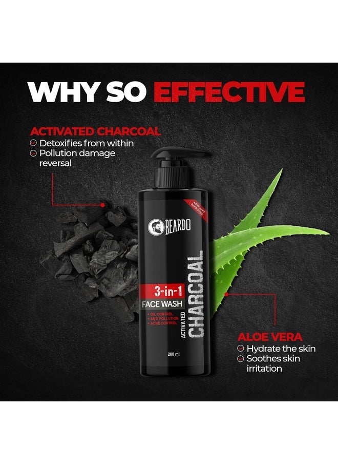 Beardo 3-in-1 Activated Charcoal Face Wash| Deep Cleanse, Exfoliate & Detoxify | All-in-One Face Wash for Oily Skin, Dirt & Pollution Removal | Oil Control Face wash for men 200ml