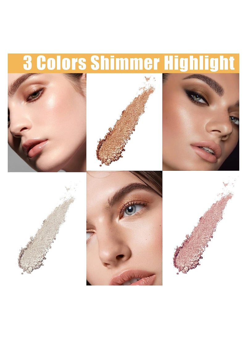 3 Colors Highlighter Eyeshadow Palette, Long Lasting Highlighter Makeup, Creamy Pigmented Eyeshadow Powder to Define Natural Eye Look