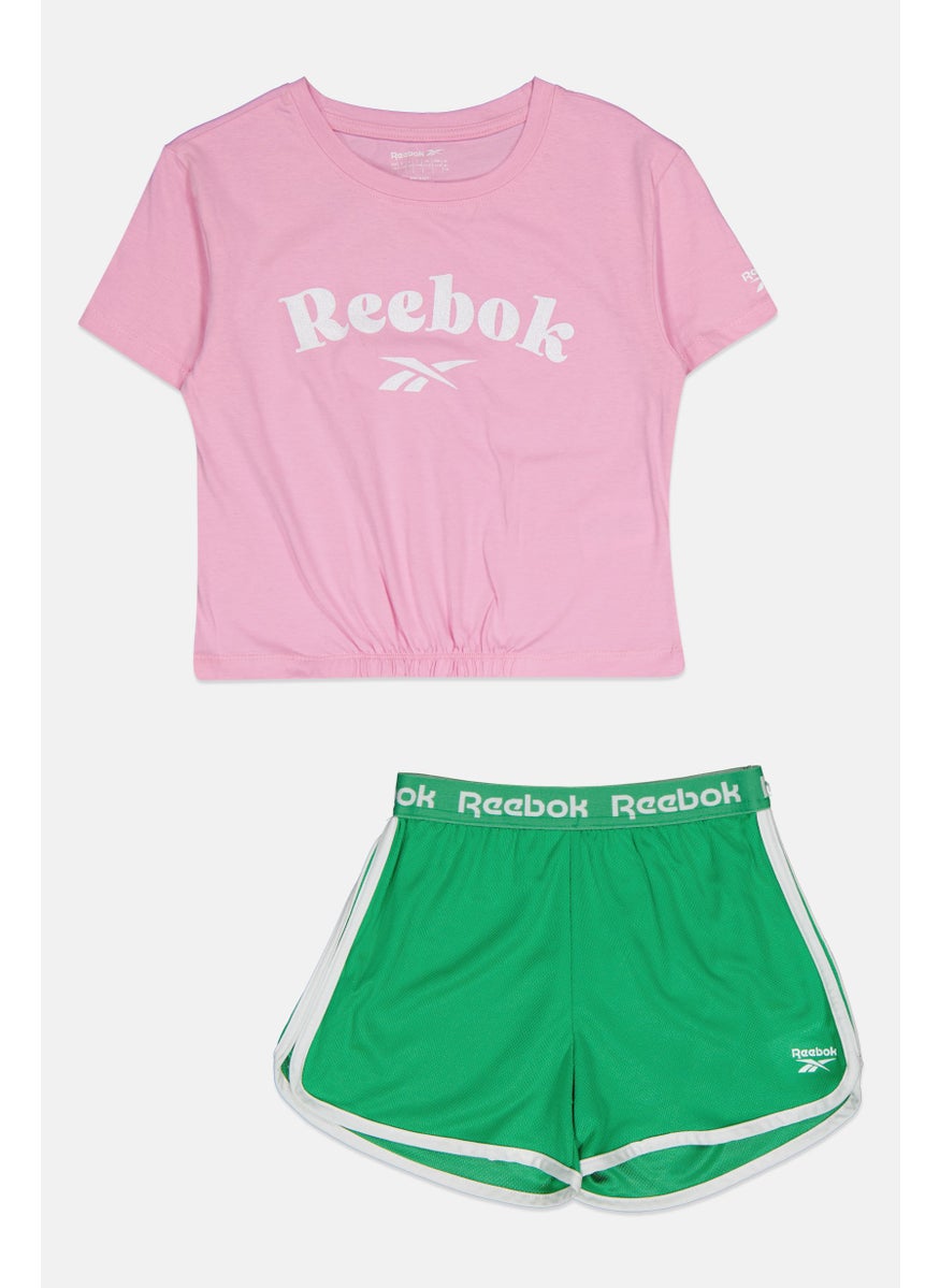 Kids Girl 2 Piece Graphic Printed Top And Shorts, Pink/Green