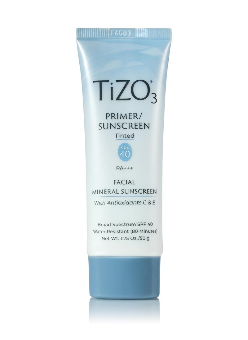 Facial Mineral Sunscreen and Primer, Tinted Broad Spectrum SPF 40 with Antioxidants, Sheer matte finish, Fragrance-Free, Oil-Free, Dermatologist-recommended, PA+++ 1.75 oz