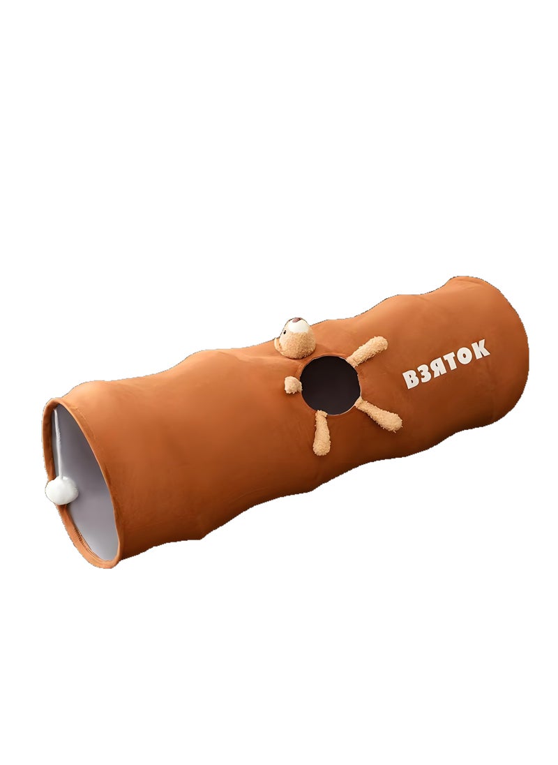 Cat tunnel, cat and dog toys, multiple entry and exit holes, soft eco-leather, cute soft doll, foldable, scratch and bite proof, 25 * 120 cm, brown
