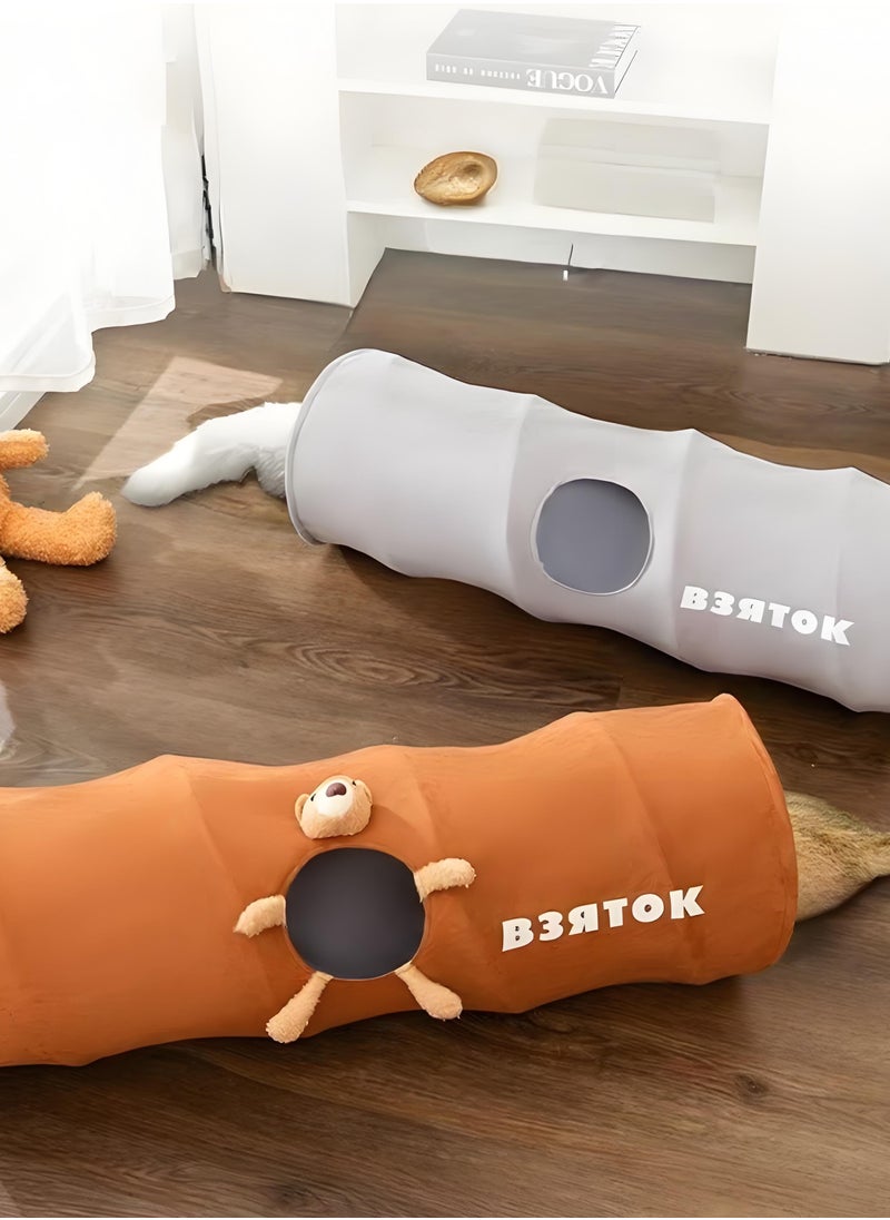 Cat tunnel, cat and dog toys, multiple entry and exit holes, soft eco-leather, cute soft doll, foldable, scratch and bite proof, 25 * 120 cm, brown