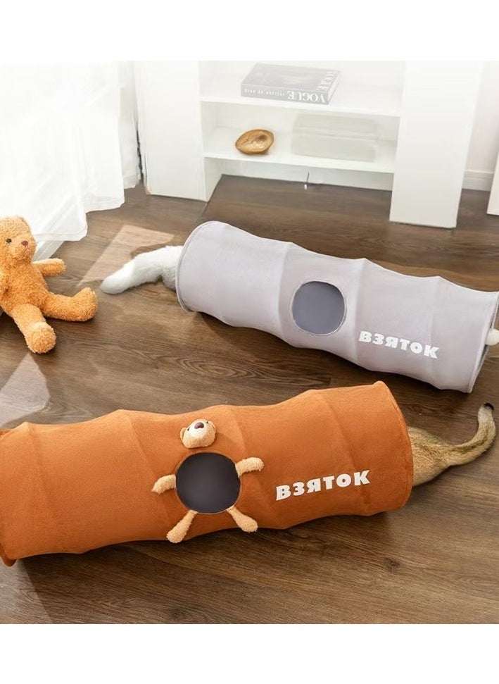 Cat tunnel, cat and dog toys, multiple entry and exit holes, soft eco-leather, cute soft doll, foldable, scratch and bite proof, 25 * 120 cm, gray