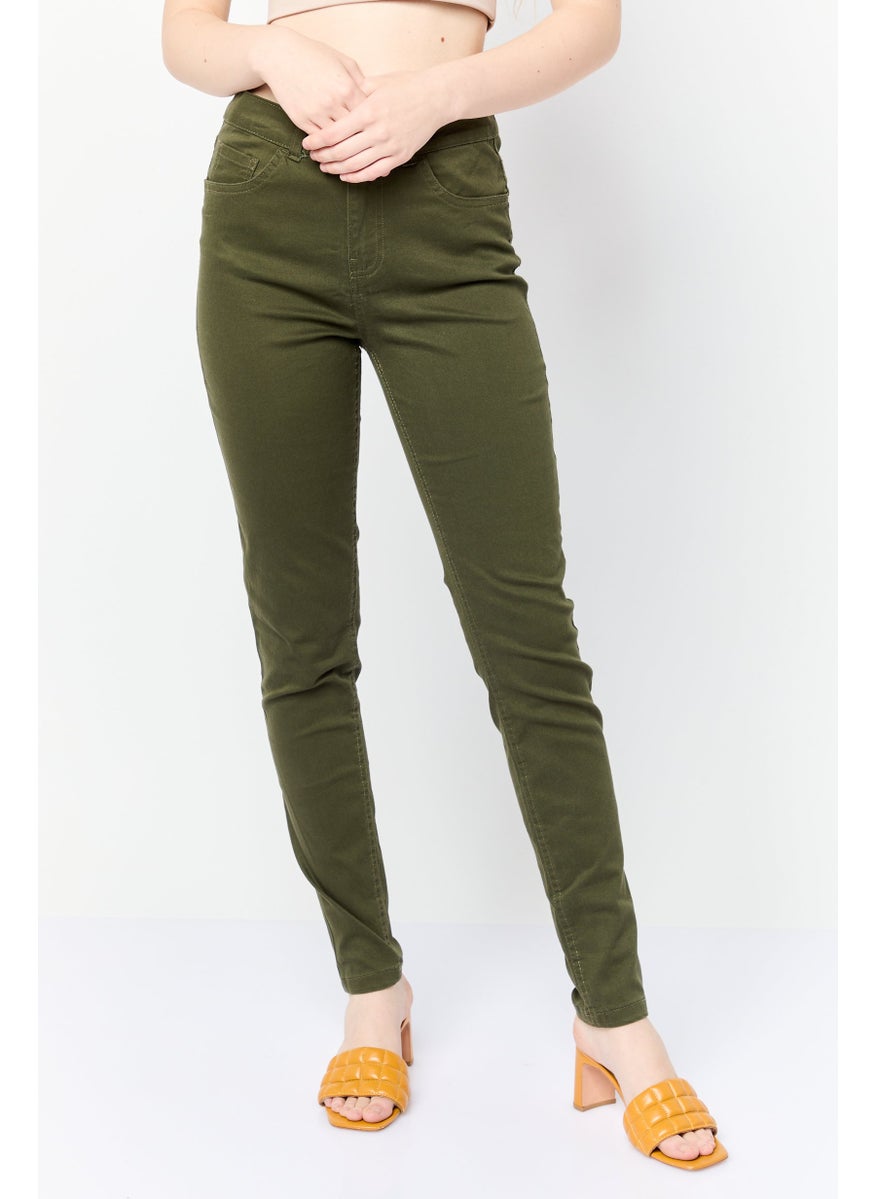 Women Super Skinny Fit High Rise Plain Chino Pants, Dark Olive