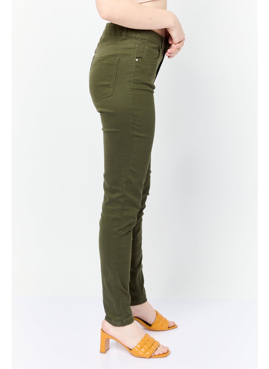 Women Super Skinny Fit High Rise Plain Chino Pants, Dark Olive
