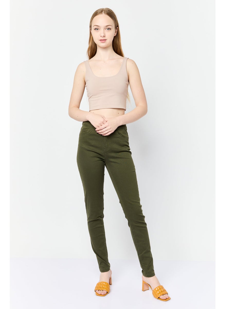 Women Super Skinny Fit High Rise Plain Chino Pants, Dark Olive
