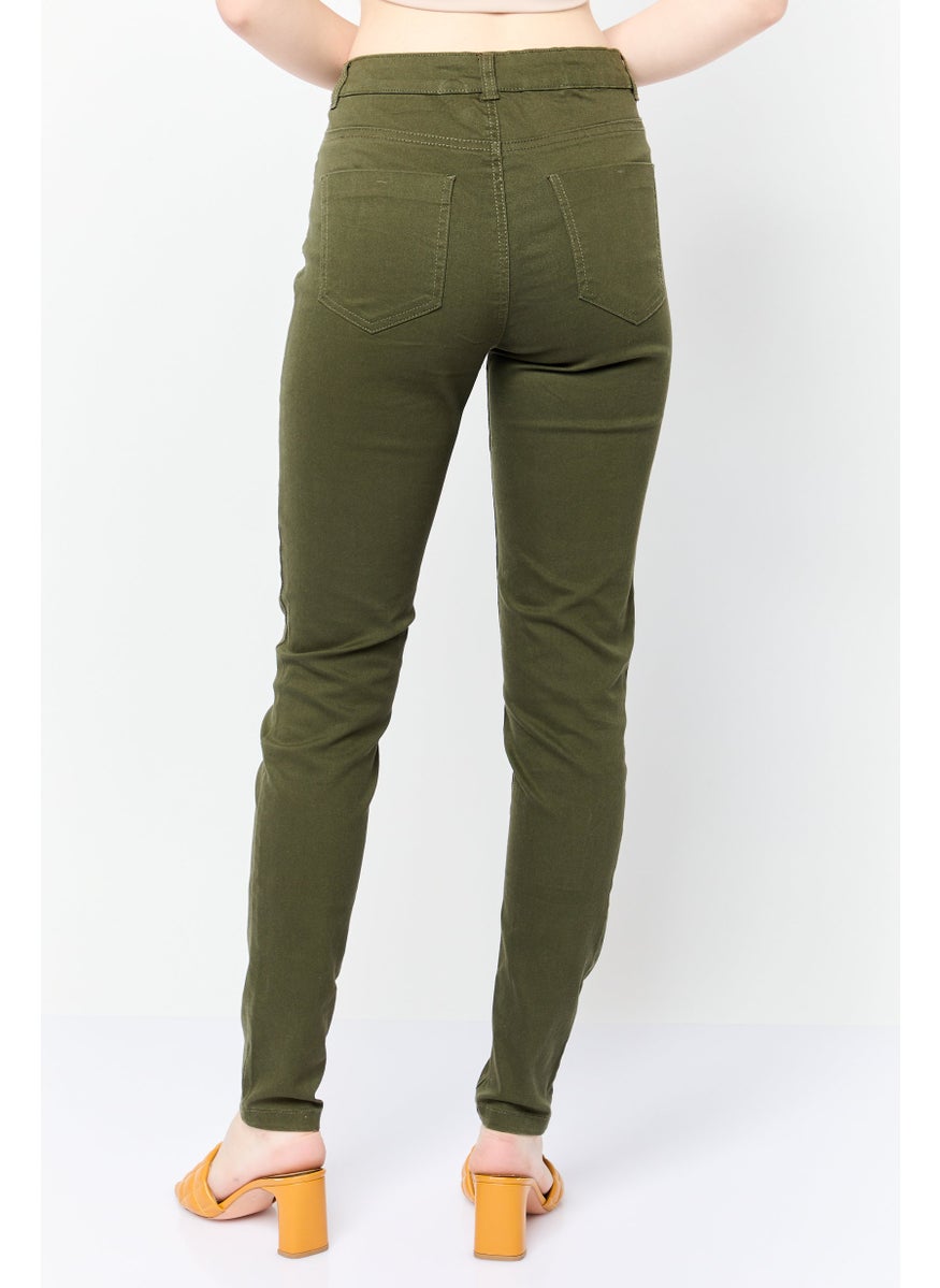 Women Super Skinny Fit High Rise Plain Chino Pants, Dark Olive