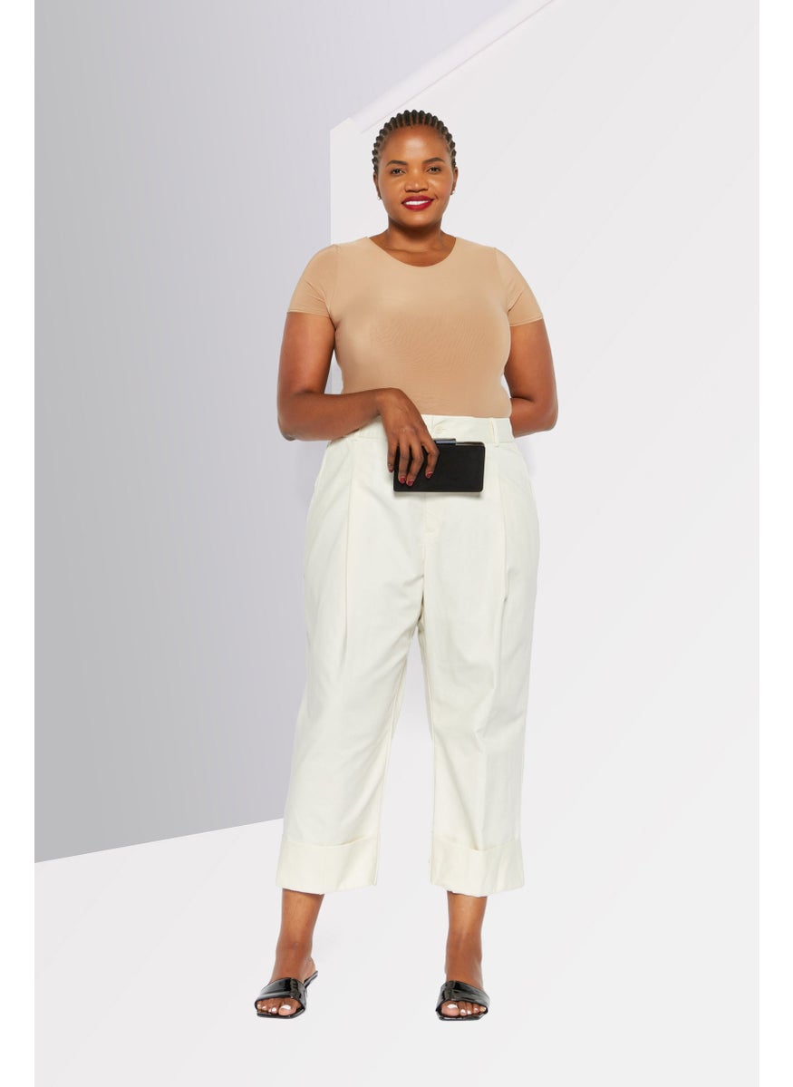 Women Plus Size Solid Stretch Pants, Cream