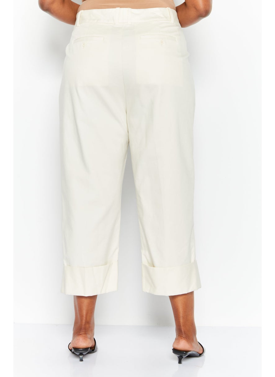 Women Plus Size Solid Stretch Pants, Cream