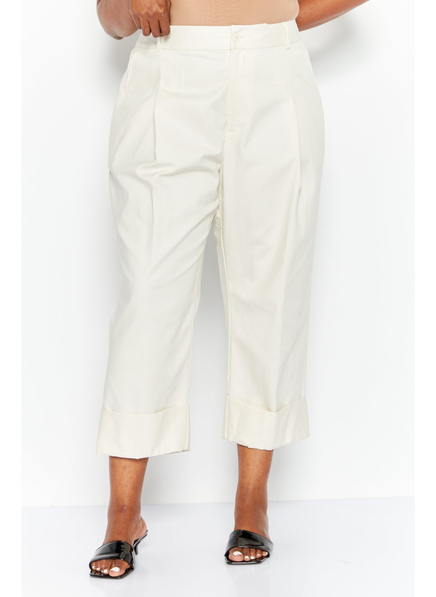 Women Plus Size Solid Stretch Pants, Cream