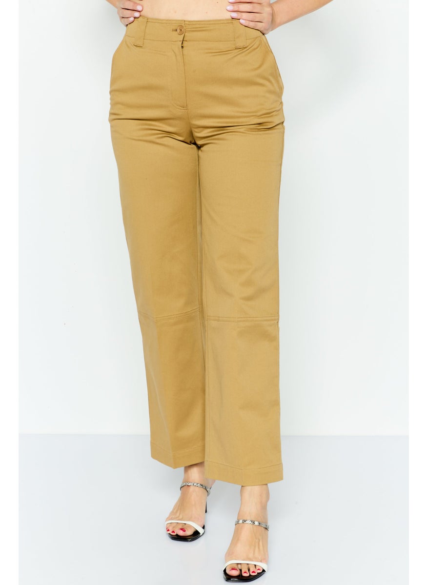 Women Regular Fit Straight Leg Plain Pants, Khaki