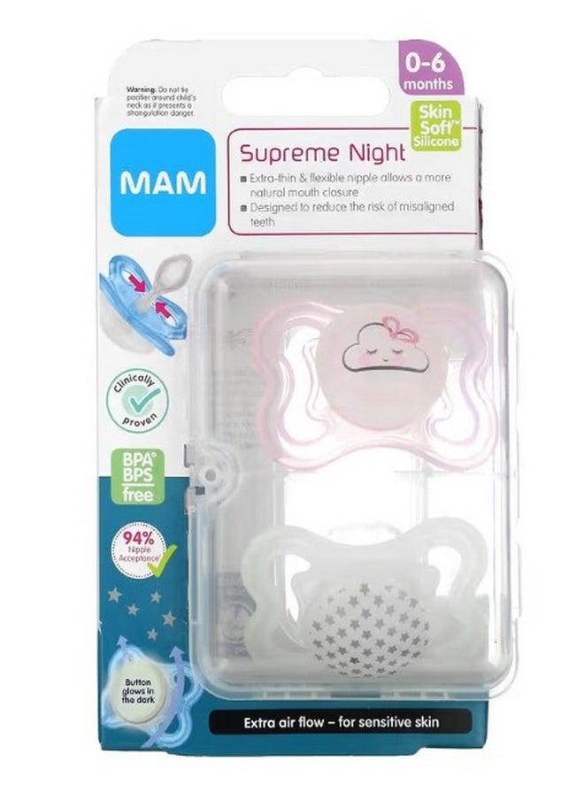 Supreme Night Pacifier 0 6 Months Pink/Clear 2 Count