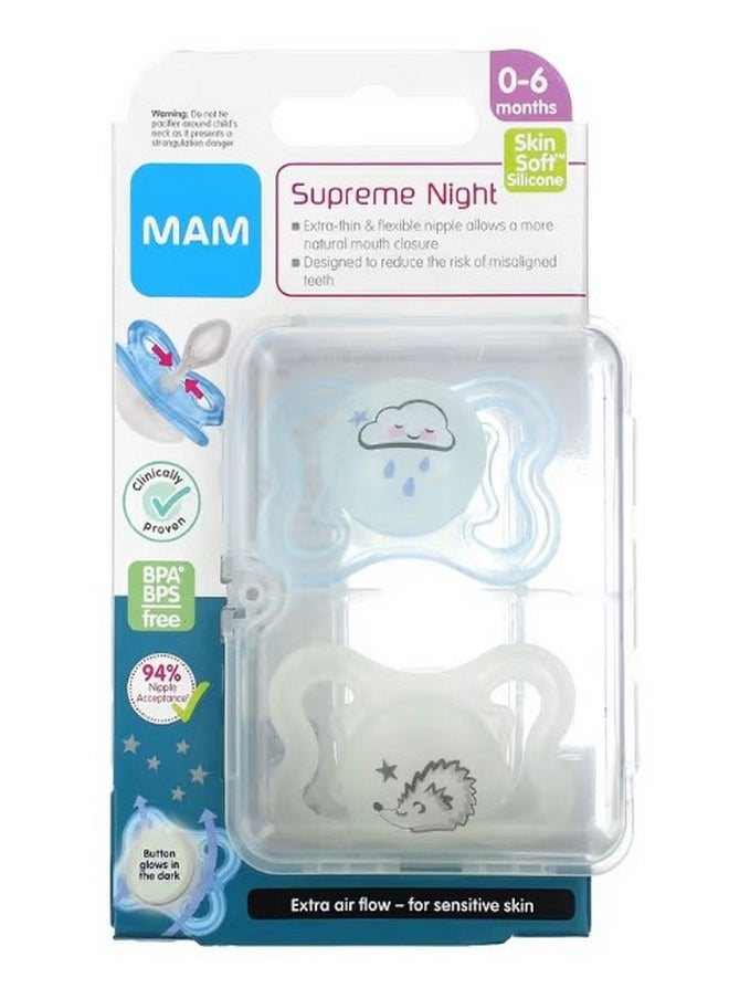 Supreme Night Pacifier 0 6 Months Blue/Clear 2 Count