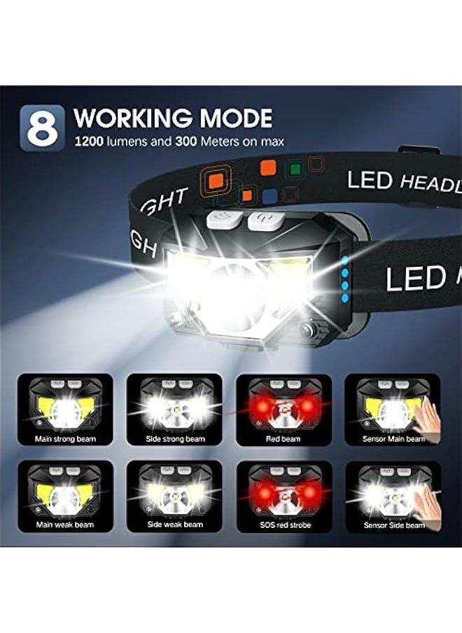 Headlamp Flashlight, 1200 Lumen Ultra-Light Bright LED Rechargeable Headlight with White Red Light,2-Pack Waterproof Motion Sensor Head Lamp,8 Modes for Outdoor Camping Running Hiking Fishing