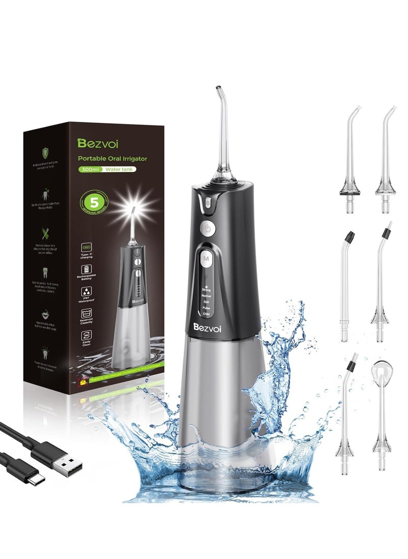 Water Flosser Teeth Pick: 5 Modes Cordless Water Dental Floss 300ML Portable Rechargeable IPX7 Waterproof Electric Water Flossing Cleaning Picks with 6 Jet Tips Oral Irrigator Cleaner, Black