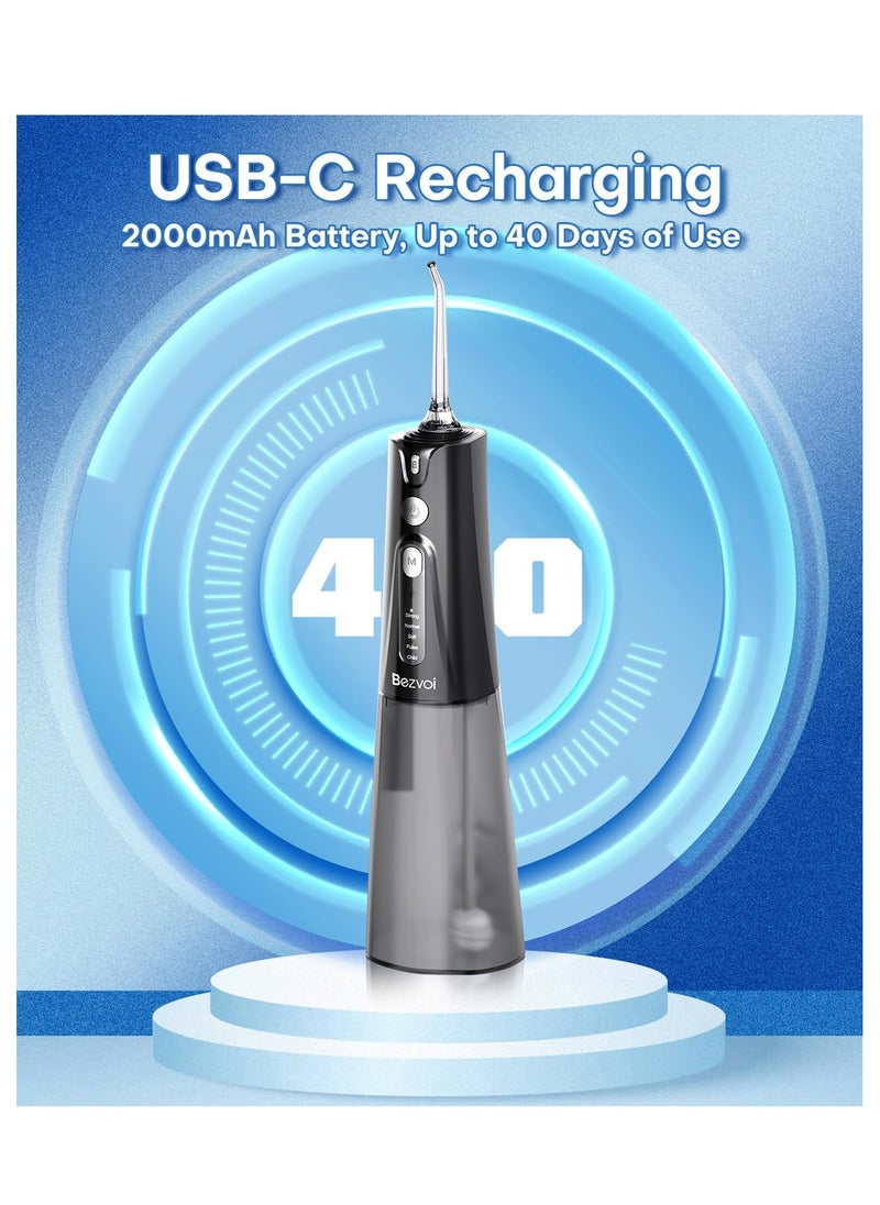 Water Flosser Teeth Pick: 5 Modes Cordless Water Dental Floss 300ML Portable Rechargeable IPX7 Waterproof Electric Water Flossing Cleaning Picks with 6 Jet Tips Oral Irrigator Cleaner, Black