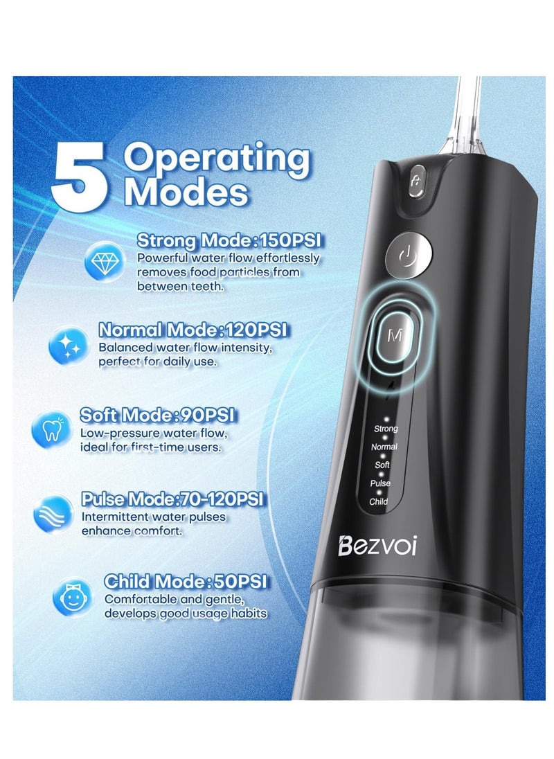 Water Flosser Teeth Pick: 5 Modes Cordless Water Dental Floss 300ML Portable Rechargeable IPX7 Waterproof Electric Water Flossing Cleaning Picks with 6 Jet Tips Oral Irrigator Cleaner, Black
