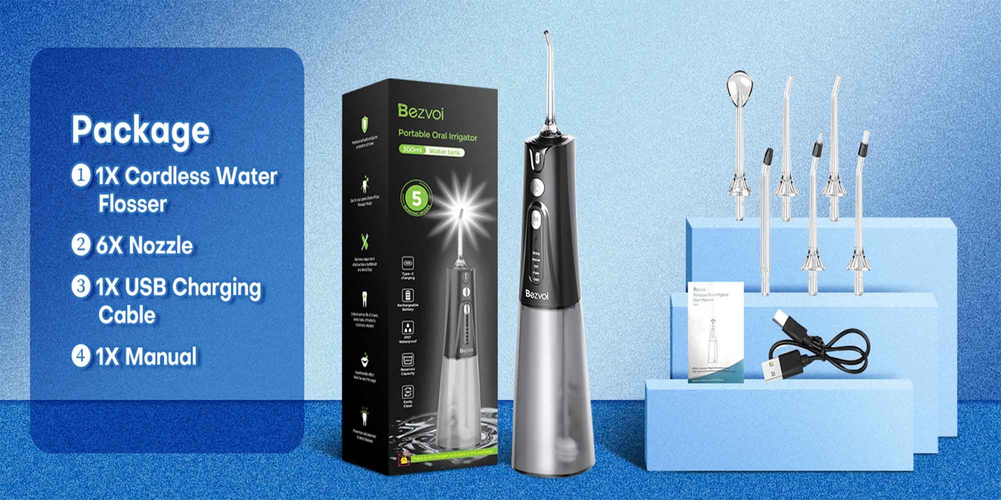 Water Flosser Teeth Pick: 5 Modes Cordless Water Dental Floss 300ML Portable Rechargeable IPX7 Waterproof Electric Water Flossing Cleaning Picks with 6 Jet Tips Oral Irrigator Cleaner, Black