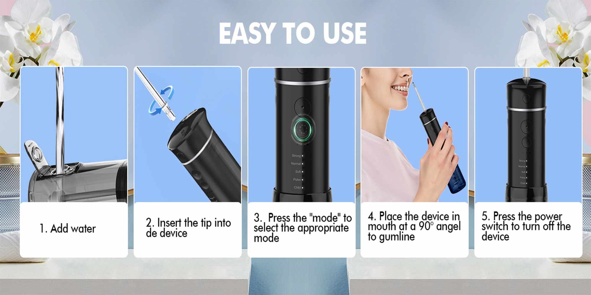 Water Flosser Mini Cordless Portable: 5 Modes Water Dental Floss with Telescopic Water Tank, 6 Tips, IPX7 Waterproof Oral Irrigator for Teeth Cleaning Gums,Orthodontic,Braces Dental Care (Black)
