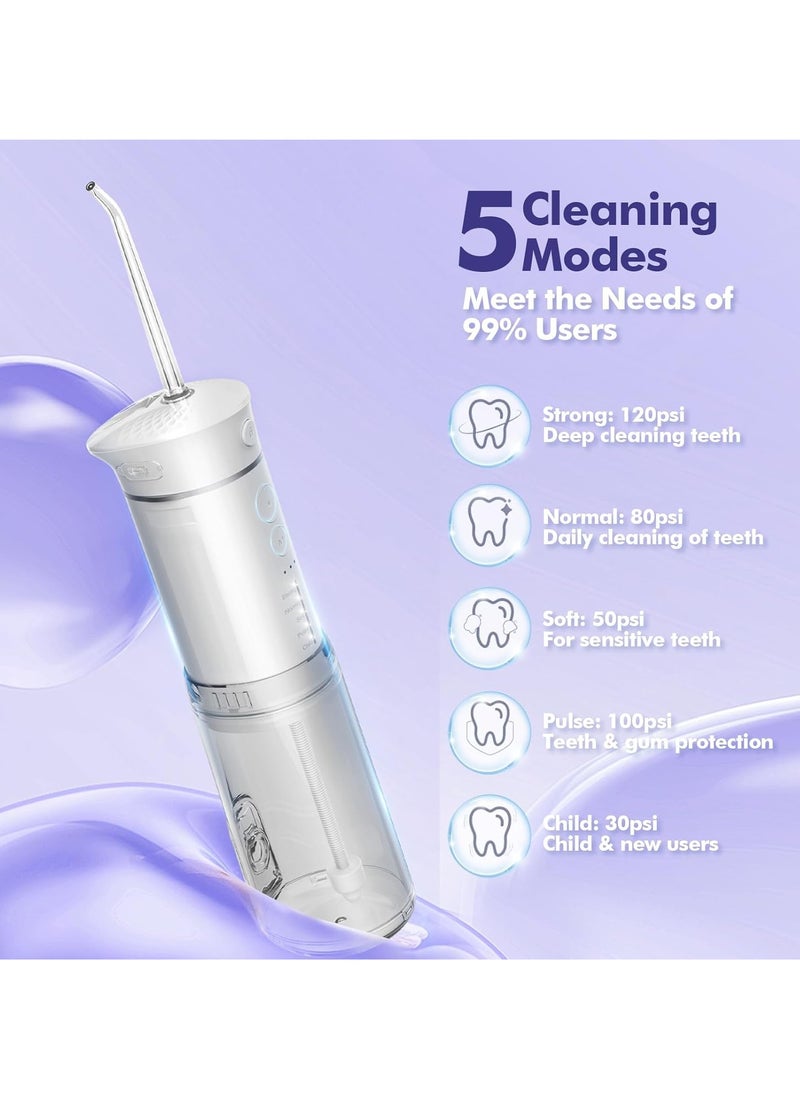 Water Flosser Mini Cordless Portable: 5 Modes Water Dental Floss with Telescopic Water Tank, 6 Tips, IPX7 Waterproof Oral Irrigator for Teeth Cleaning Gums,Orthodontic,Braces Dental Care (White)
