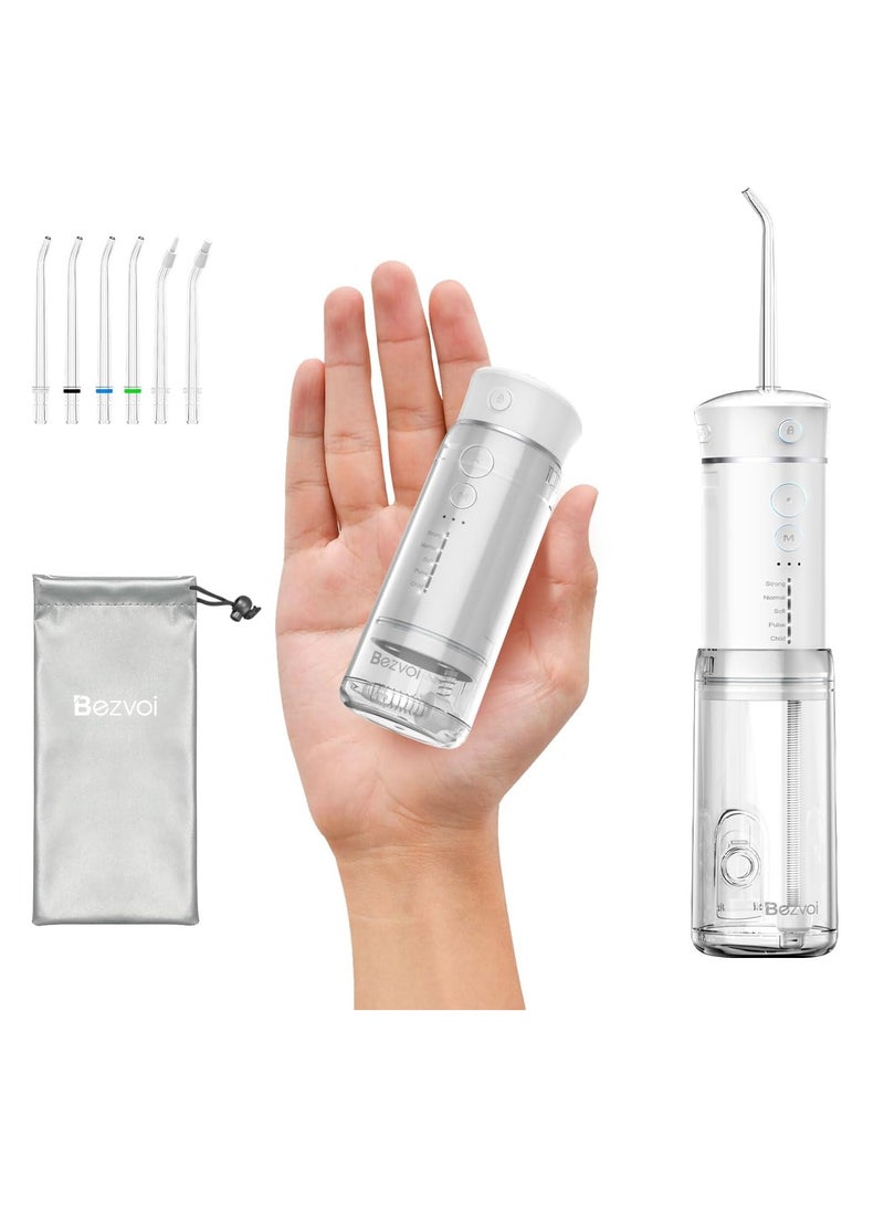 Water Flosser Mini Cordless Portable: 5 Modes Water Dental Floss with Telescopic Water Tank, 6 Tips, IPX7 Waterproof Oral Irrigator for Teeth Cleaning Gums,Orthodontic,Braces Dental Care (White)