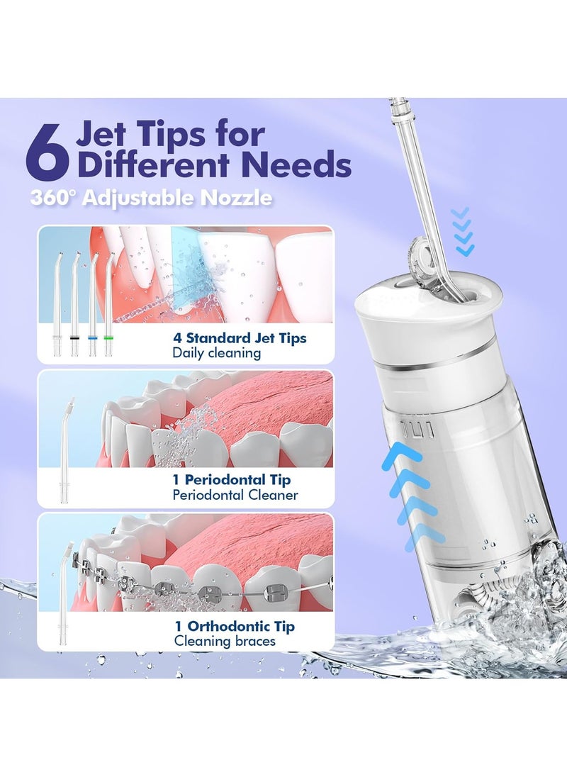 Water Flosser Mini Cordless Portable: 5 Modes Water Dental Floss with Telescopic Water Tank, 6 Tips, IPX7 Waterproof Oral Irrigator for Teeth Cleaning Gums,Orthodontic,Braces Dental Care (White)