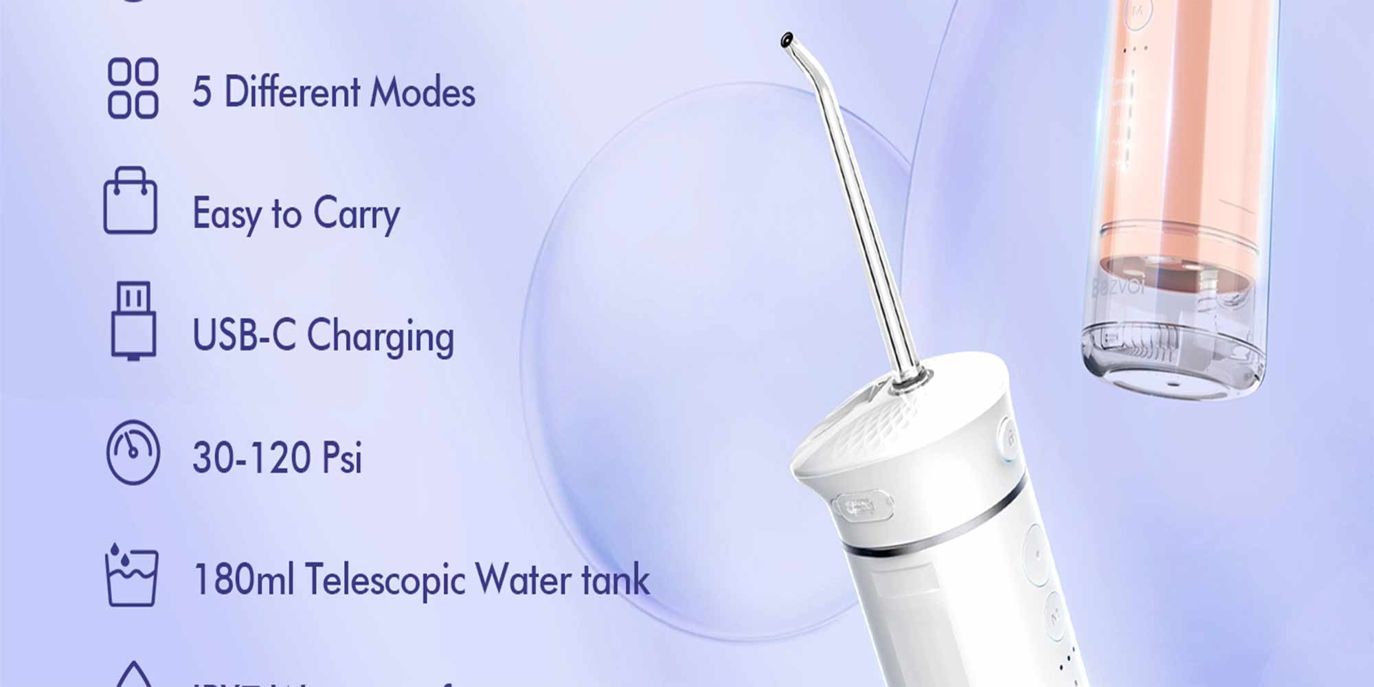Water Flosser Mini Cordless Portable: 5 Modes Water Dental Floss with Telescopic Water Tank, 6 Tips, IPX7 Waterproof Oral Irrigator for Teeth Cleaning Gums,Orthodontic,Braces Dental Care (White)