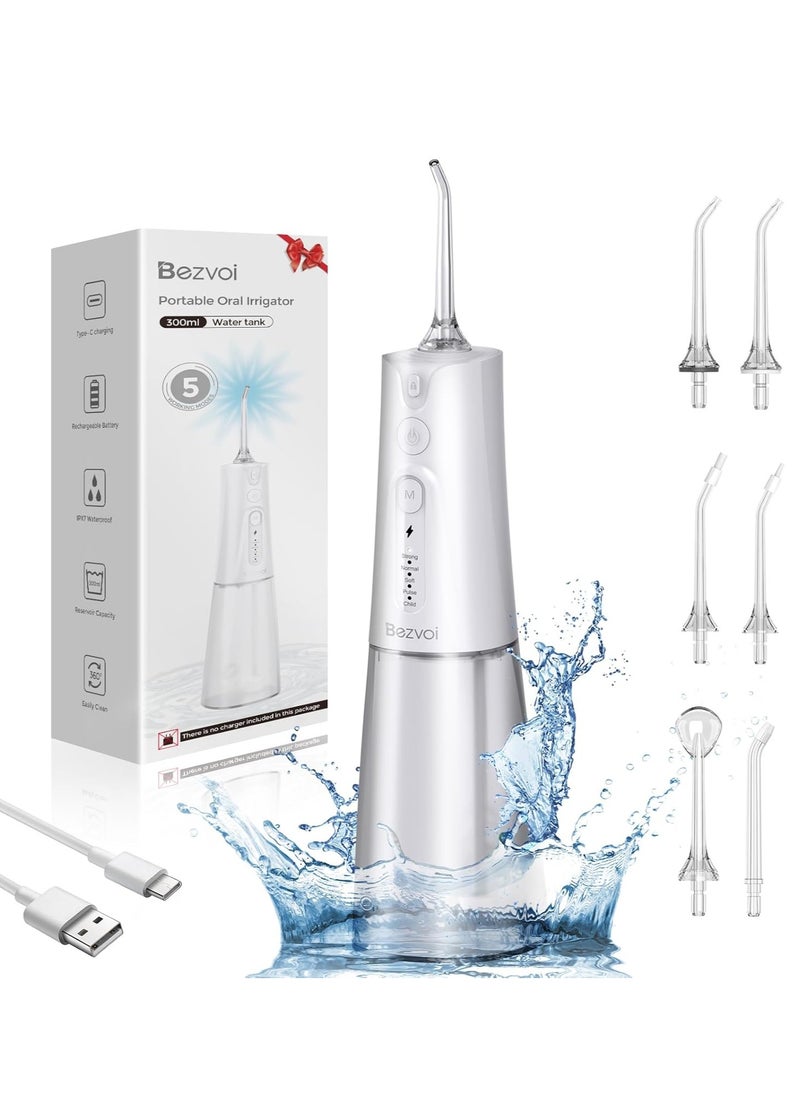Water Flosser Teeth Pick: 5 Modes Cordless Water Dental Floss 300ML Portable Rechargeable IPX7 Waterproof Electric Water Flossing Cleaning Picks with 6 Jet Tips Oral Irrigator Cleaner, White