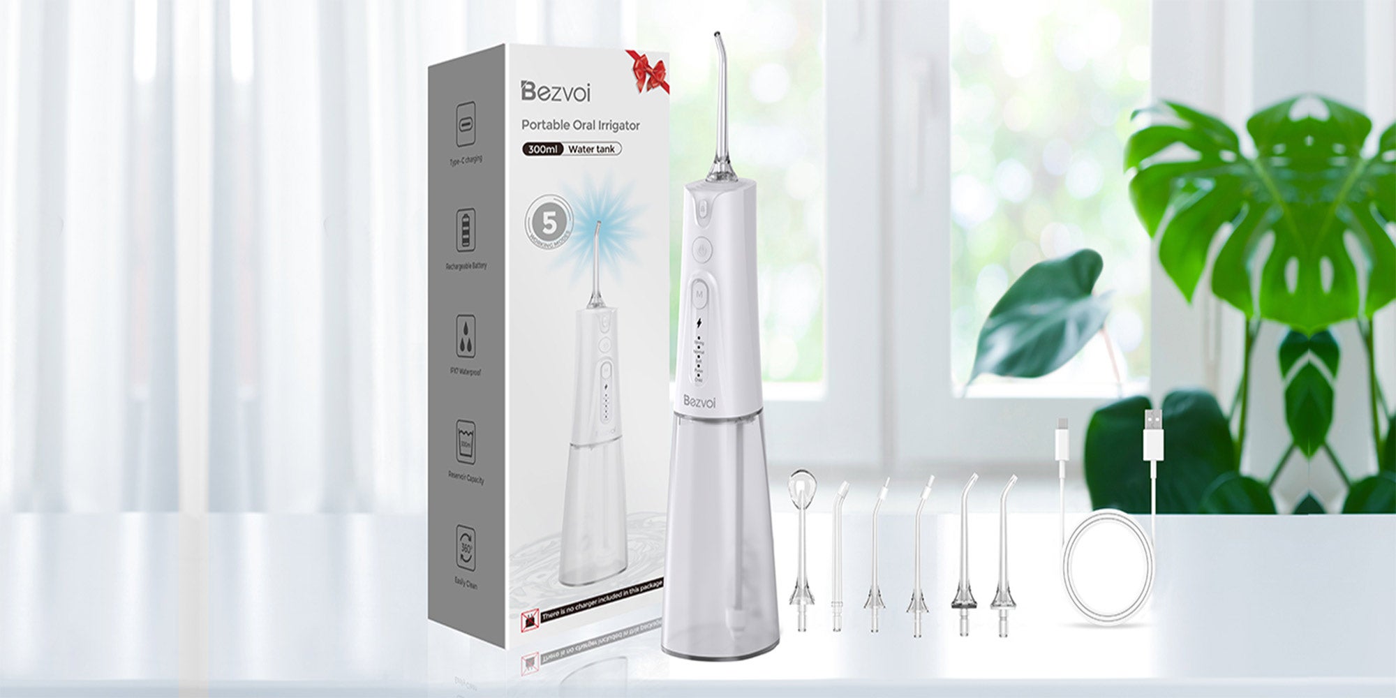 Water Flosser Teeth Pick: 5 Modes Cordless Water Dental Floss 300ML Portable Rechargeable IPX7 Waterproof Electric Water Flossing Cleaning Picks with 6 Jet Tips Oral Irrigator Cleaner, White