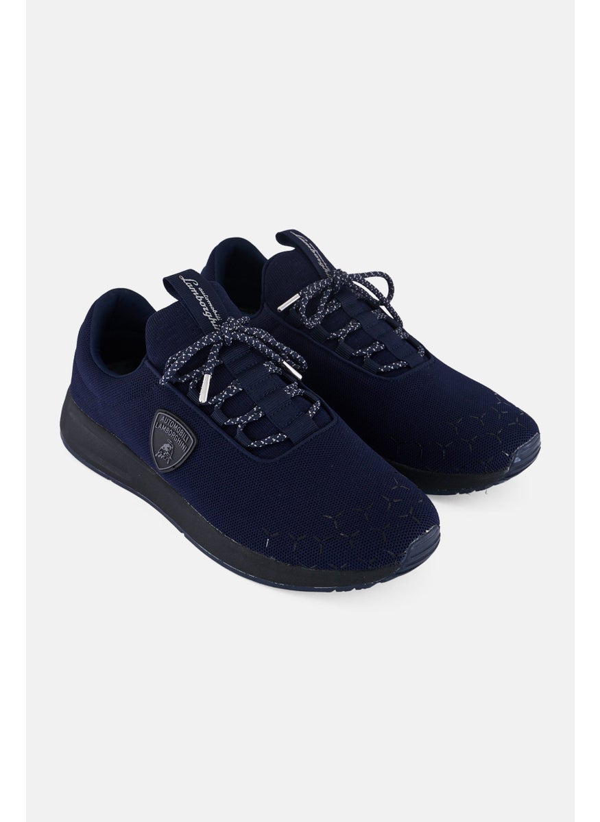 Men Brand Logo Lace Up Casual Shoes, Navy Blue