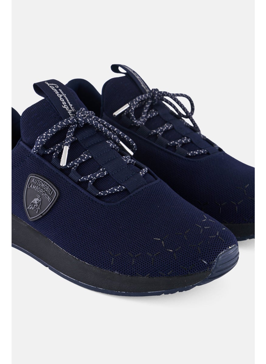 Men Brand Logo Lace Up Casual Shoes, Navy Blue