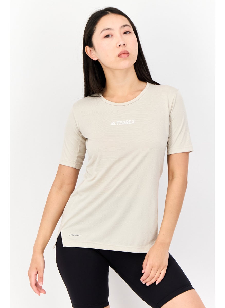 Women Sportswear Fit Short Sleeve Outdoor T Shirt, Beige