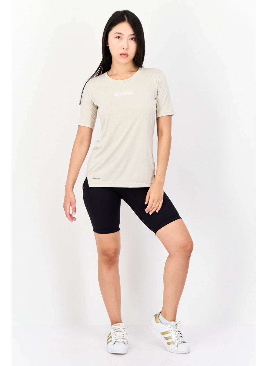 Women Sportswear Fit Short Sleeve Outdoor T Shirt, Beige